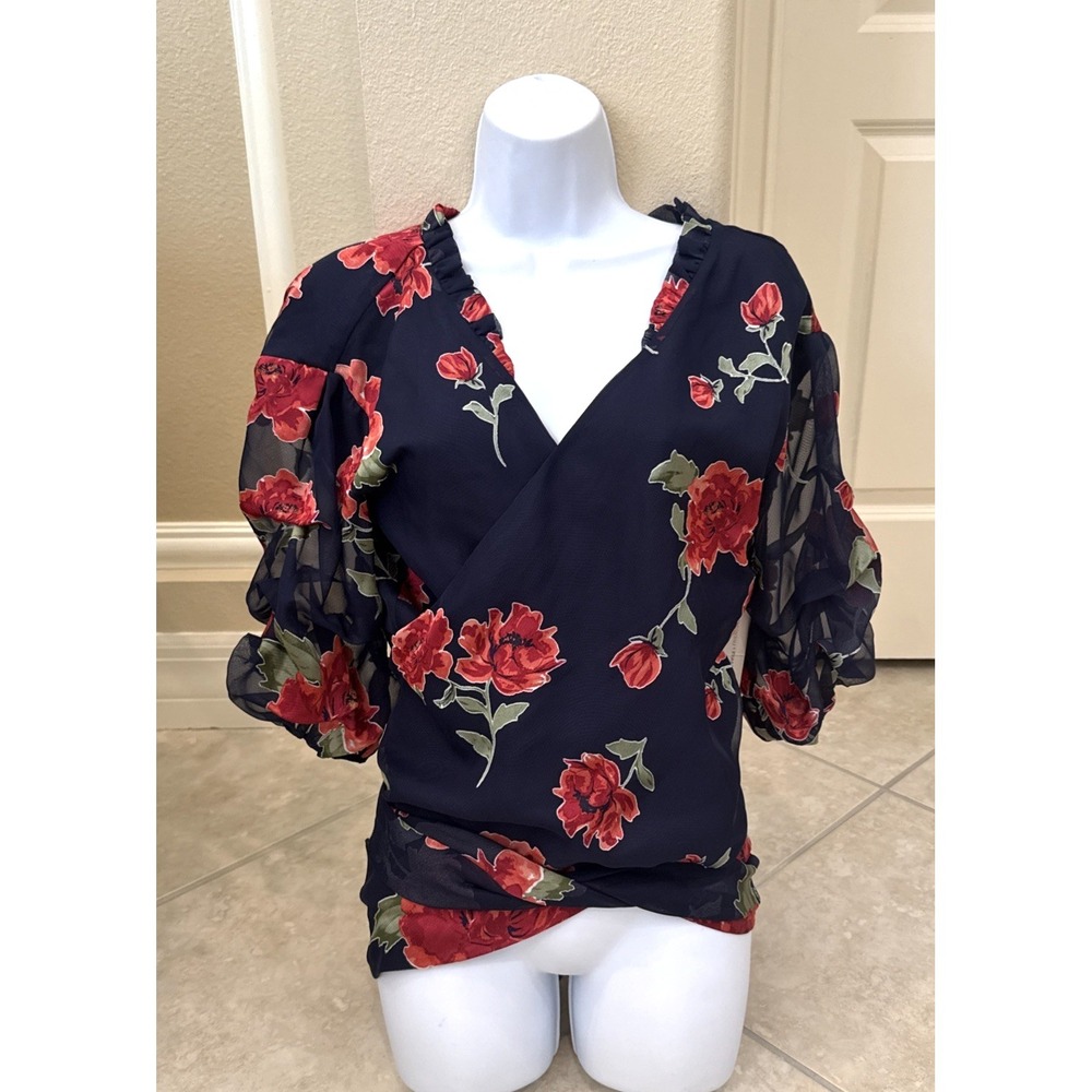 Lovers + Friends Bowen Wrap Top Women Sz XS Navy Feminine Romantic Bloomcore NWT